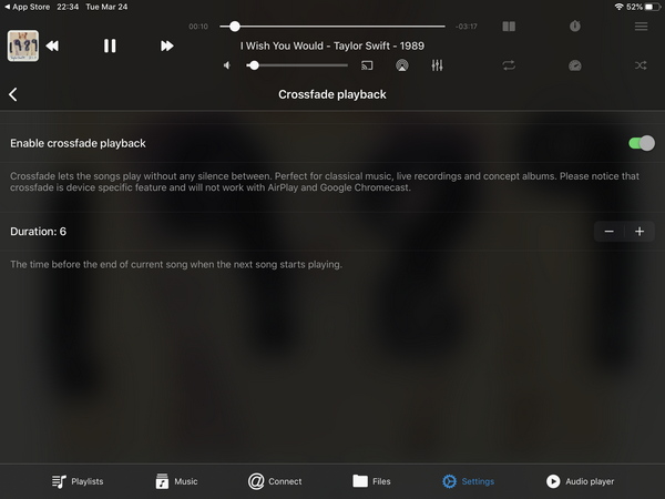The crossfade playback function can be enabled as an option